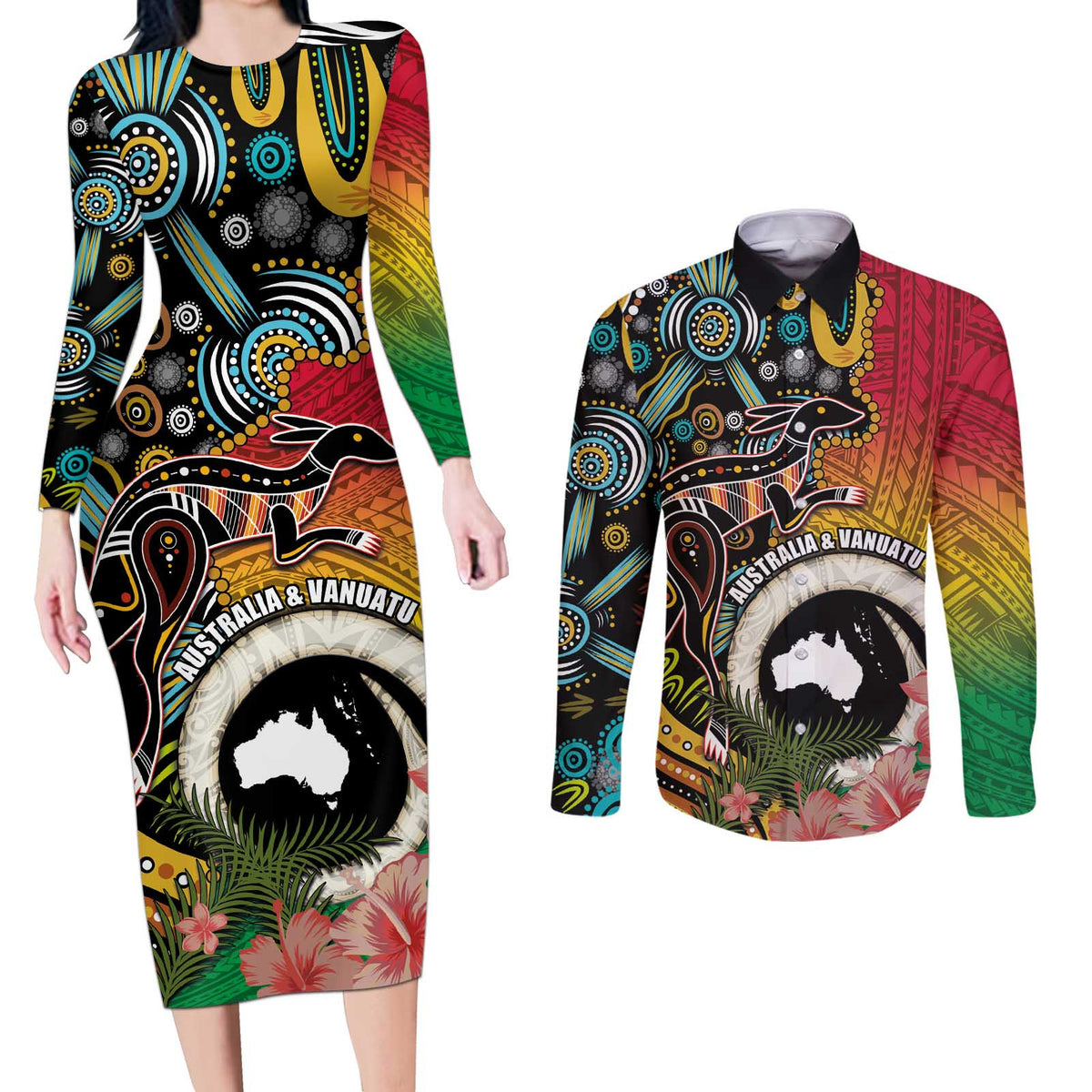 Vanuatu and Australia Together Couples Matching Long Sleeve Bodycon Dress and Long Sleeve Button Shirt Kangaroo with Pig Tusk Indigenous Pattern LT03 Black - Polynesian Pride
