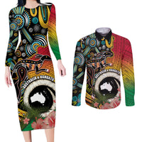 Vanuatu and Australia Together Couples Matching Long Sleeve Bodycon Dress and Long Sleeve Button Shirt Kangaroo with Pig Tusk Indigenous Pattern LT03 Black - Polynesian Pride