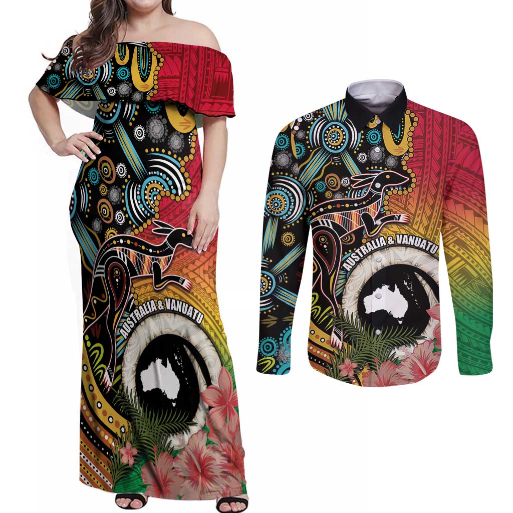 Vanuatu and Australia Together Couples Matching Off Shoulder Maxi Dress and Long Sleeve Button Shirt Kangaroo with Pig Tusk Indigenous Pattern LT03 Black - Polynesian Pride