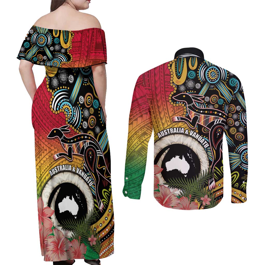 Vanuatu and Australia Together Couples Matching Off Shoulder Maxi Dress and Long Sleeve Button Shirt Kangaroo with Pig Tusk Indigenous Pattern LT03 - Polynesian Pride