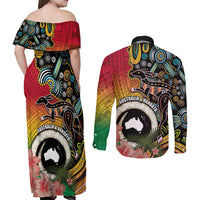 Vanuatu and Australia Together Couples Matching Off Shoulder Maxi Dress and Long Sleeve Button Shirt Kangaroo with Pig Tusk Indigenous Pattern LT03 - Polynesian Pride