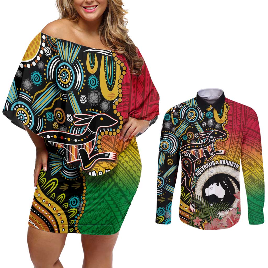 Vanuatu and Australia Together Couples Matching Off Shoulder Short Dress and Long Sleeve Button Shirt Kangaroo with Pig Tusk Indigenous Pattern LT03 Black - Polynesian Pride