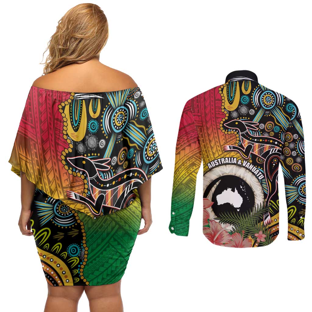 Vanuatu and Australia Together Couples Matching Off Shoulder Short Dress and Long Sleeve Button Shirt Kangaroo with Pig Tusk Indigenous Pattern LT03 - Polynesian Pride