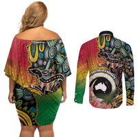 Vanuatu and Australia Together Couples Matching Off Shoulder Short Dress and Long Sleeve Button Shirt Kangaroo with Pig Tusk Indigenous Pattern LT03 - Polynesian Pride