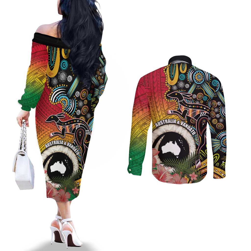 Vanuatu and Australia Together Couples Matching Off The Shoulder Long Sleeve Dress and Long Sleeve Button Shirt Kangaroo with Pig Tusk Indigenous Pattern