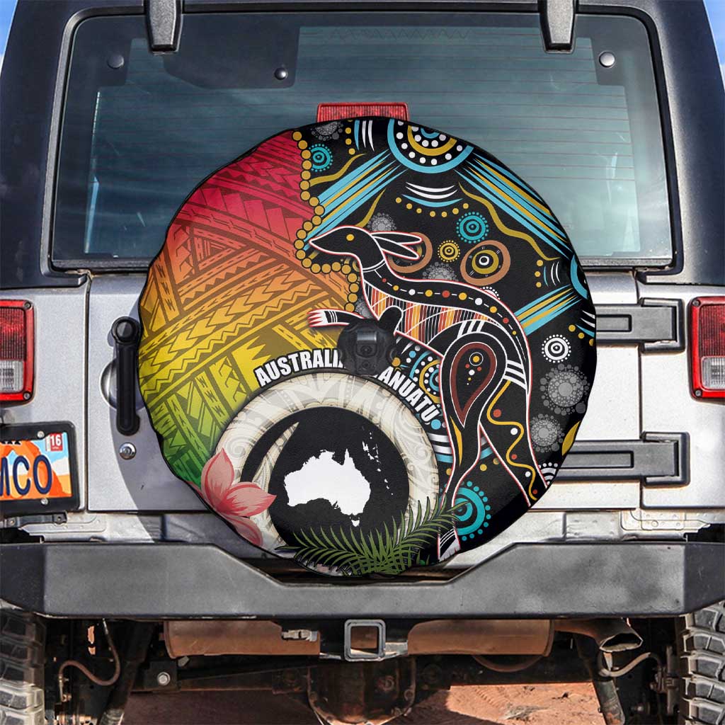 Vanuatu and Australia Together Spare Tire Cover Kangaroo with Pig Tusk Indigenous Pattern LT03 Black - Polynesian Pride