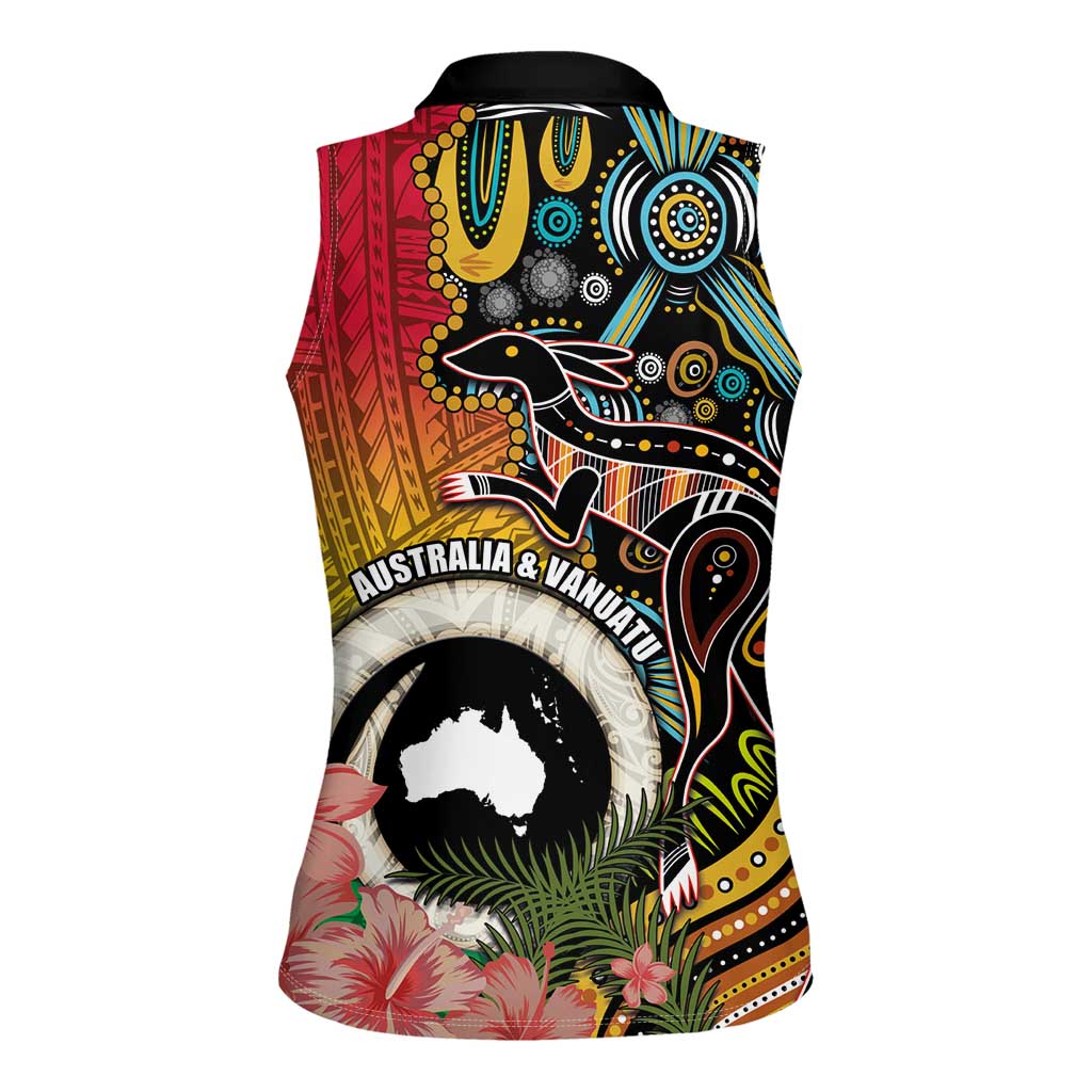 Vanuatu and Australia Together Women Sleeveless Polo Shirt Kangaroo with Pig Tusk Indigenous Pattern
