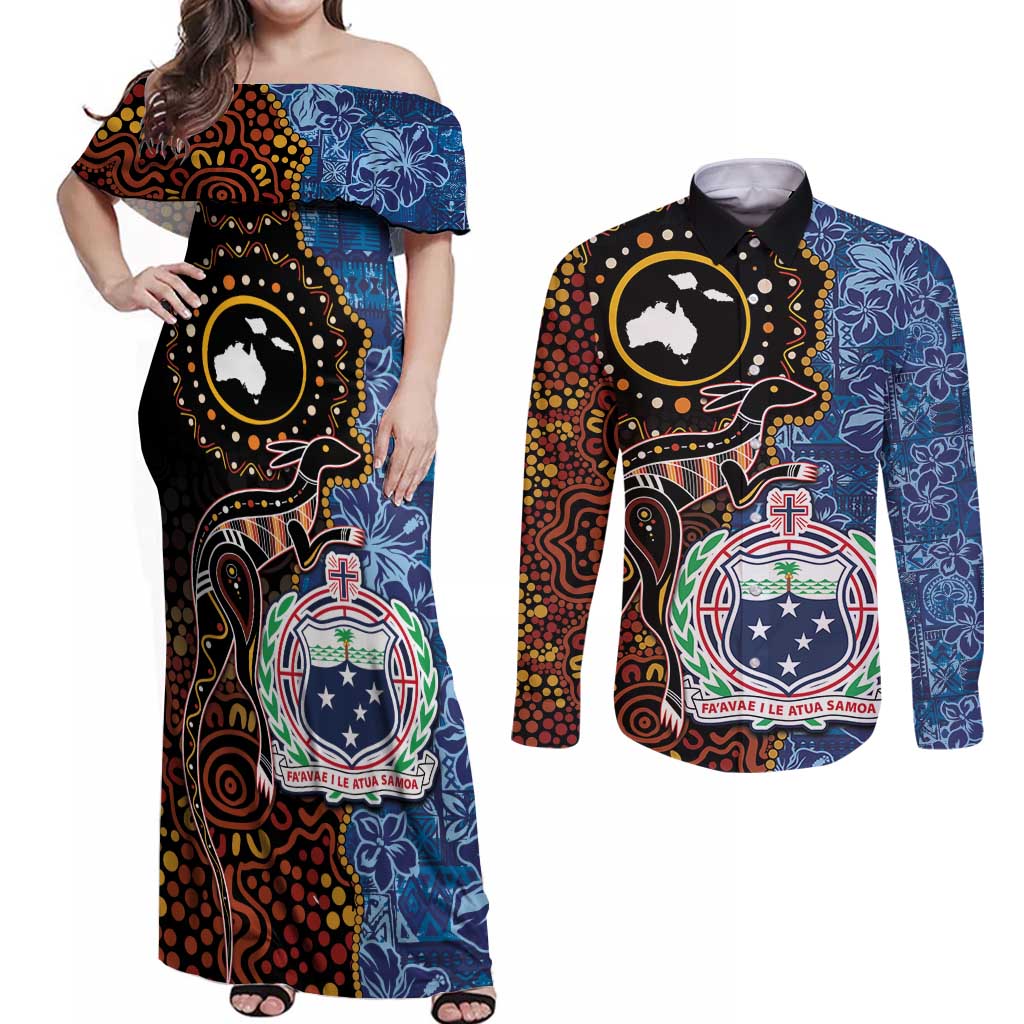 Samoa and Australia Together Couples Matching Off Shoulder Maxi Dress and Long Sleeve Button Shirt Kangaroo and Tribal Hibiscus Aboriginal Pattern