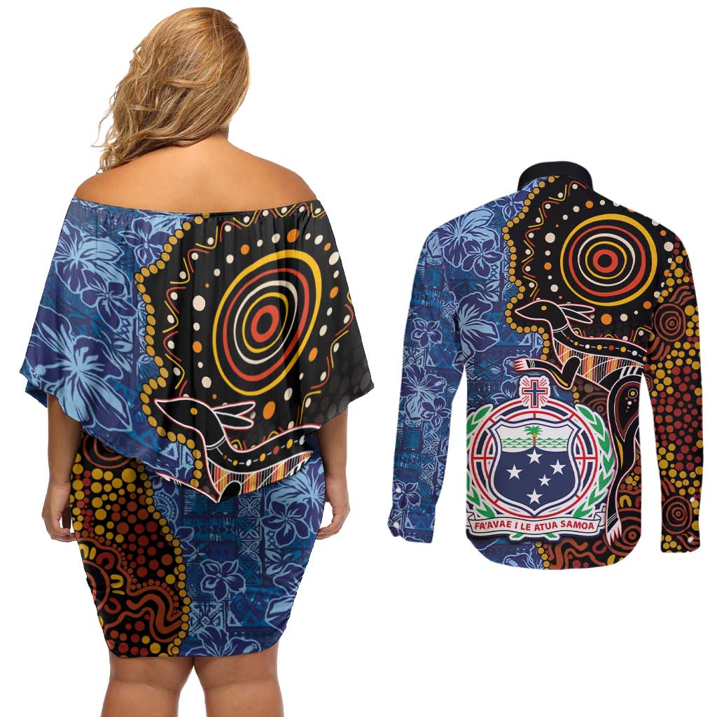 Samoa and Australia Together Couples Matching Off Shoulder Short Dress and Long Sleeve Button Shirt Kangaroo and Tribal Hibiscus Aboriginal Pattern