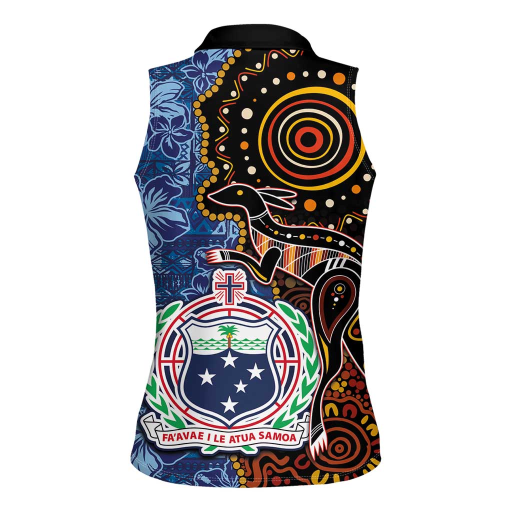 Samoa and Australia Together Women Sleeveless Polo Shirt Kangaroo and Tribal Hibiscus Aboriginal Pattern
