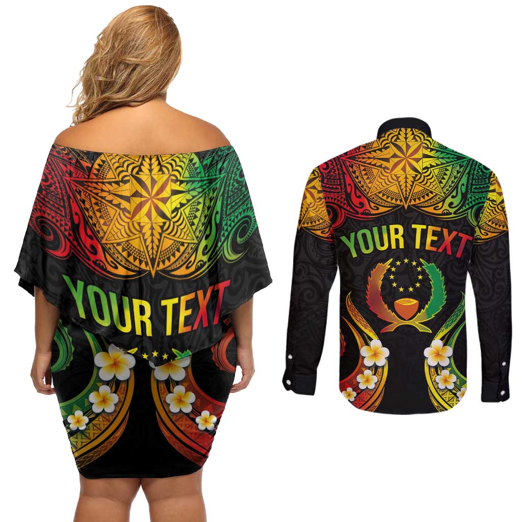 Personalised Pohnpei Independence Day Couples Matching Off Shoulder Short Dress and Long Sleeve Button Shirt Polynesian Tattoo and Plumeria Reggae Color
