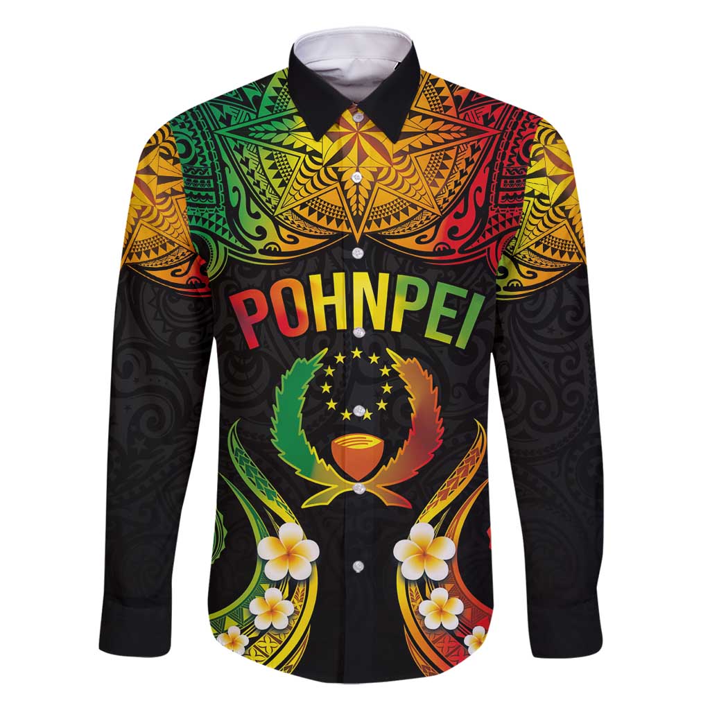 Personalised Pohnpei Independence Day Family Matching Off Shoulder Maxi Dress and Hawaiian Shirt Polynesian Tattoo and Plumeria Reggae Color