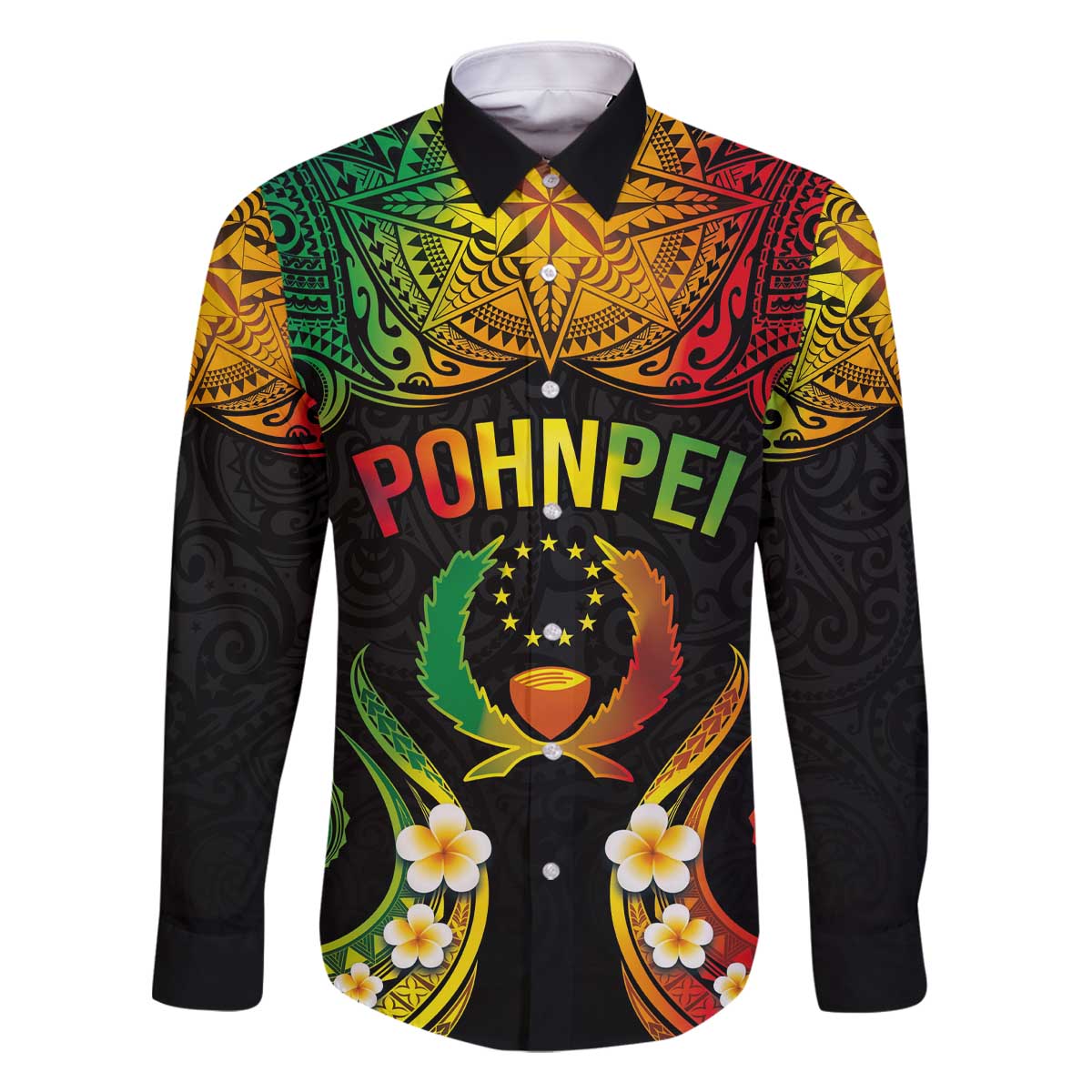 Personalised Pohnpei Independence Day Family Matching Off Shoulder Short Dress and Hawaiian Shirt Polynesian Tattoo and Plumeria Reggae Color