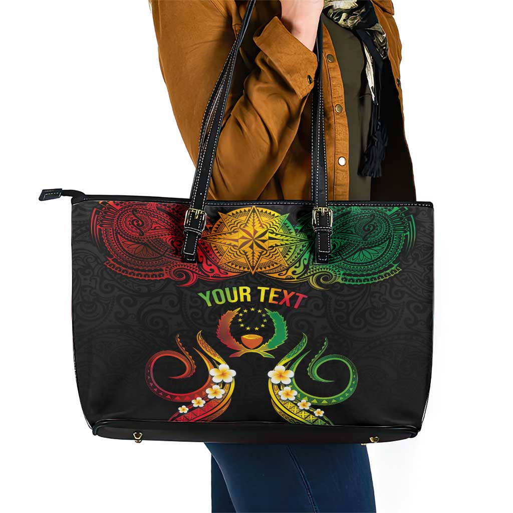 Personalised Pohnpei Independence Day Leather Tote Bag Polynesian Tattoo and Plumeria Reggae Color