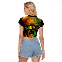 Personalised Pohnpei Independence Day Raglan Cropped T Shirt Polynesian Tattoo and Plumeria Reggae Color