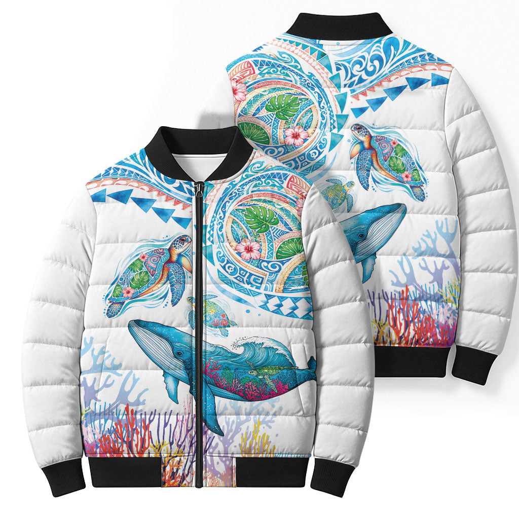 Hawaiian Turtles and Whales Bomber Puffer Jacket Polynesian Tropical Tattoo Ocean Style LT03 - Polynesian Pride