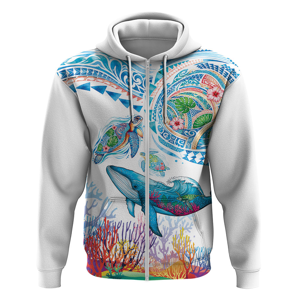 Hawaiian Turtles and Whales Hoodie Polynesian Tropical Tattoo Ocean Style LT03 Zip Hoodie Multicolor - Polynesian Pride