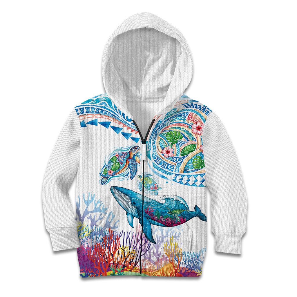 Hawaiian Turtles and Whales Kid Hoodie Polynesian Tropical Tattoo Ocean Style LT03 Zip Hoodie Multicolor - Polynesian Pride