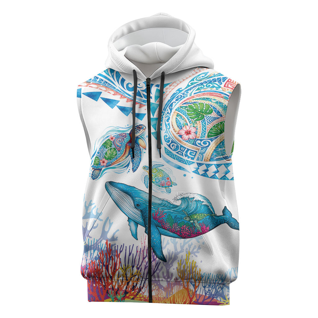 Hawaiian Turtles and Whales Sleeveless Zip Hoodie Polynesian Tropical Tattoo Ocean Style LT03 Multicolor - Polynesian Pride