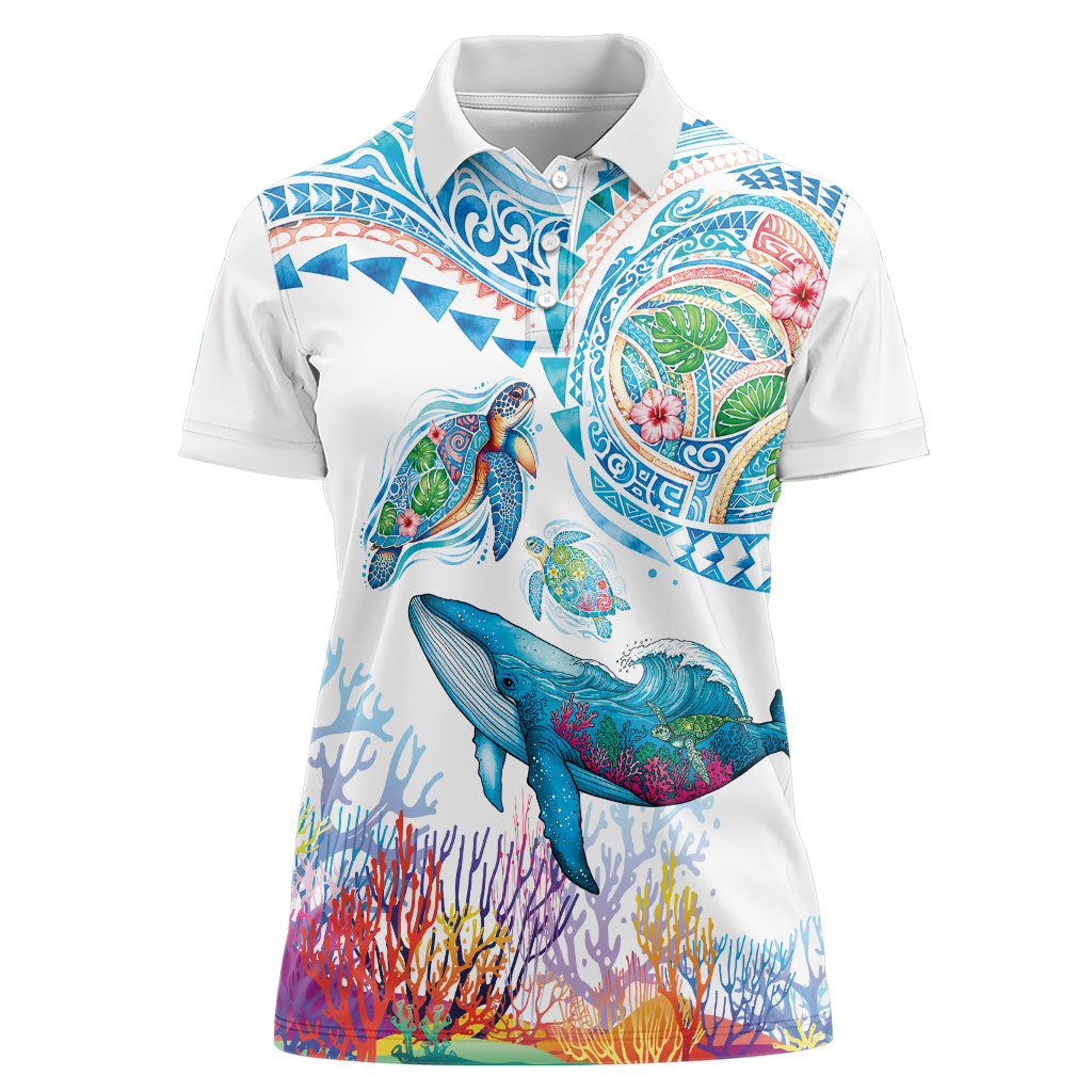 Hawaiian Turtles and Whales Women Polo Shirt Polynesian Tropical Tattoo Ocean Style LT03 Female Multicolor - Polynesian Pride