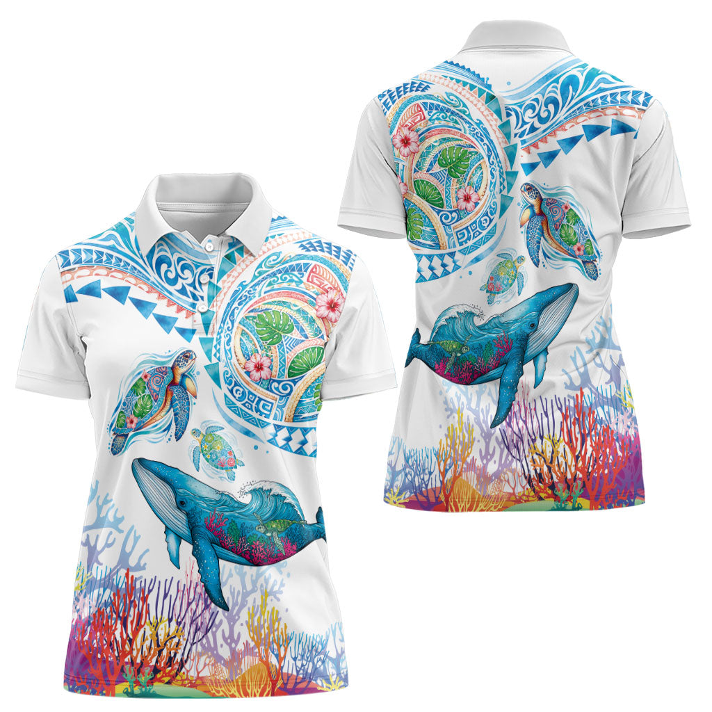 Hawaiian Turtles and Whales Women Polo Shirt Polynesian Tropical Tattoo Ocean Style LT03 - Polynesian Pride