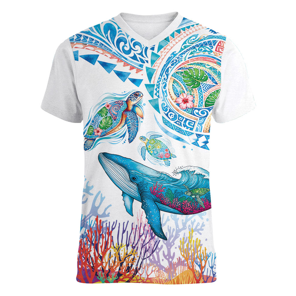 Hawaiian Turtles and Whales Women V-Neck T-Shirt Polynesian Tropical Tattoo Ocean Style LT03 Female Multicolor - Polynesian Pride