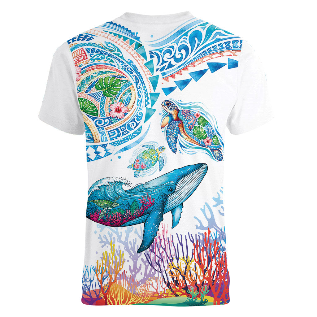 Hawaiian Turtles and Whales Women V-Neck T-Shirt Polynesian Tropical Tattoo Ocean Style LT03 - Polynesian Pride