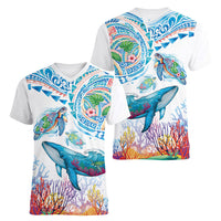 Hawaiian Turtles and Whales Women V-Neck T-Shirt Polynesian Tropical Tattoo Ocean Style LT03 - Polynesian Pride