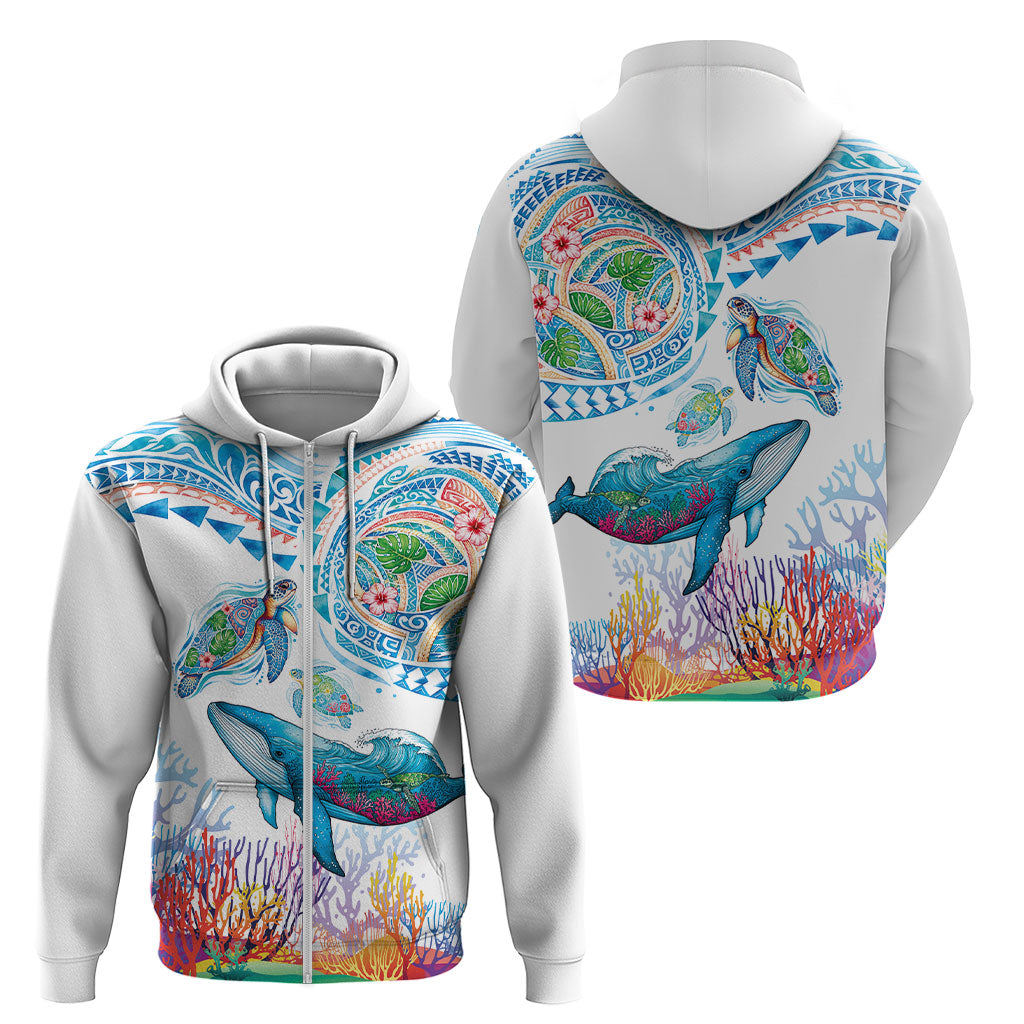 Hawaiian Turtles and Whales Zip Hoodie Polynesian Tropical Tattoo Ocean Style LT03 - Polynesian Pride