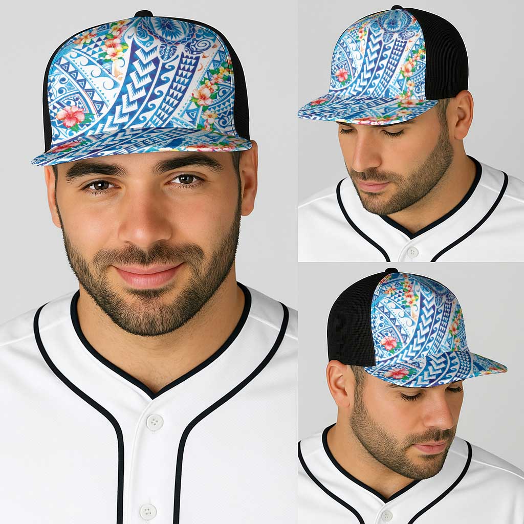 Hawaiian Turtle and Lei Baseball Net Cap Tribal Kakau and Tropical Plants Watercolor Style LT03 - Polynesian Pride