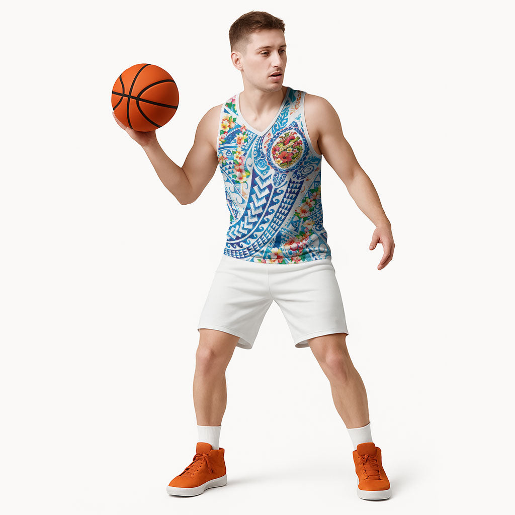 Hawaiian Turtle and Lei Basketball Jersey Tribal Kakau and Tropical Plants Human Heart LT03 - Polynesian Pride