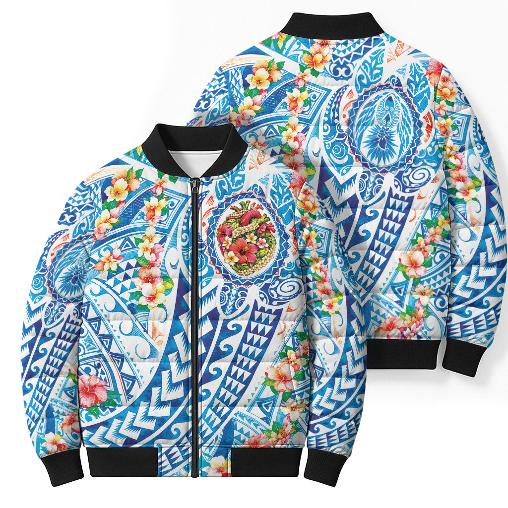 Hawaiian Turtle and Lei Bomber Puffer Jacket Tribal Kakau and Tropical Plants Human Heart LT03 - Polynesian Pride