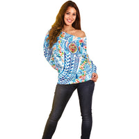 Hawaiian Turtle and Lei Off Shoulder Sweater Tribal Kakau and Tropical Plants Human Heart LT03 - Polynesian Pride