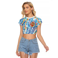 Hawaiian Turtle and Lei Raglan Cropped T Shirt Tribal Kakau and Tropical Plants Human Heart LT03 Female Multicolor - Polynesian Pride
