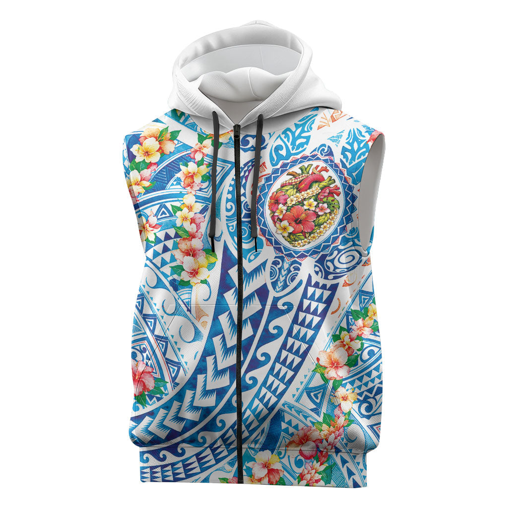 Hawaiian Turtle and Lei Sleeveless Zip Hoodie Tribal Kakau and Tropical Plants Human Heart LT03 Multicolor - Polynesian Pride