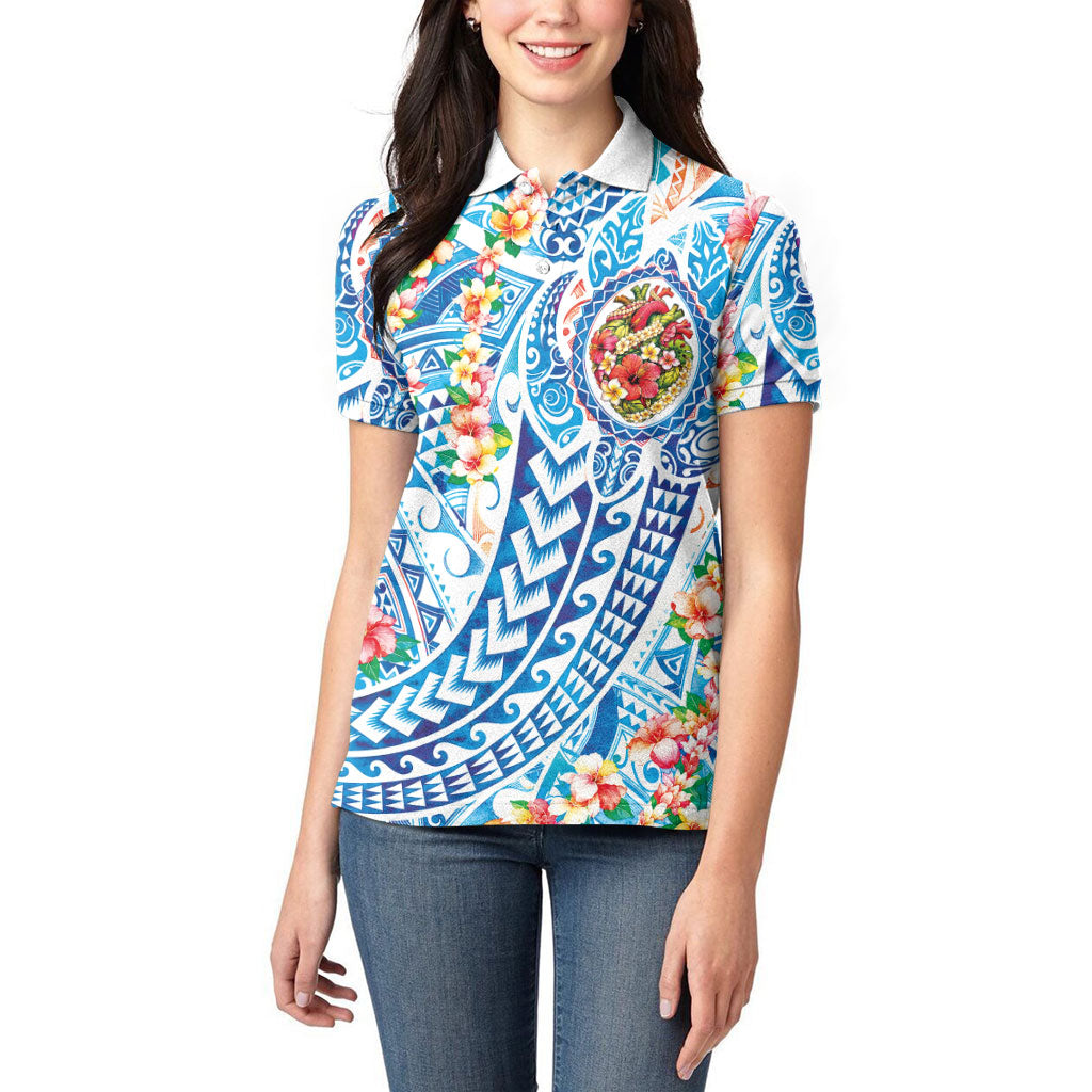 Hawaiian Turtle and Lei Women Polo Shirt Tribal Kakau and Tropical Plants Human Heart LT03 - Polynesian Pride