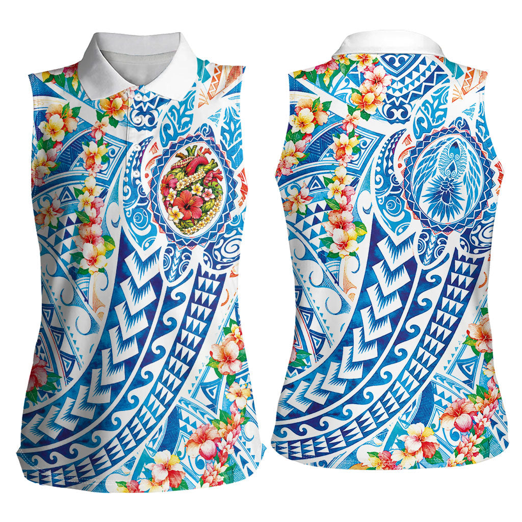 Hawaiian Turtle and Lei Women Sleeveless Polo Shirt Tribal Kakau and Tropical Plants Human Heart LT03 - Polynesian Pride