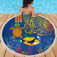 Hawaii Ocean Beach Blanket Pineapple Turtle and Mango Reef Triggerfish and Kakau Tattoo LT03 - Polynesian Pride