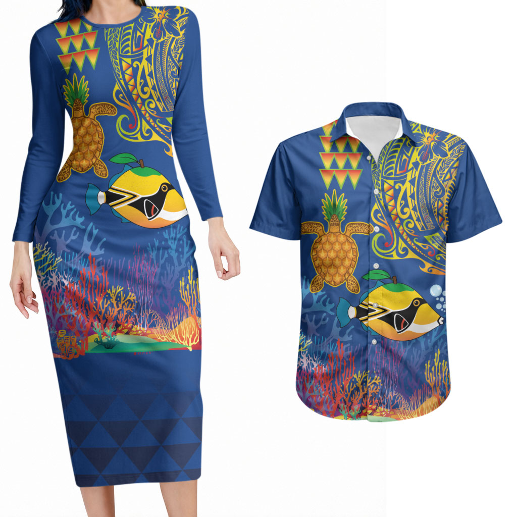 Hawaii Ocean Couples Matching Long Sleeve Bodycon Dress and Hawaiian Shirt Pineapple Turtle and Mango Reef Triggerfish and Kakau Tattoo