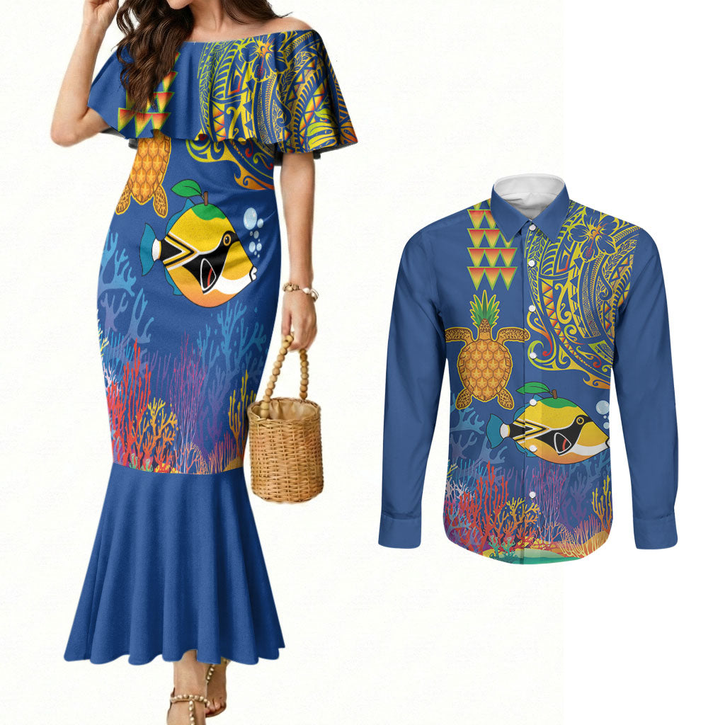 Hawaii Ocean Couples Matching Mermaid Dress and Long Sleeve Button Shirt Pineapple Turtle and Mango Reef Triggerfish and Kakau Tattoo LT03 Multicolor - Polynesian Pride