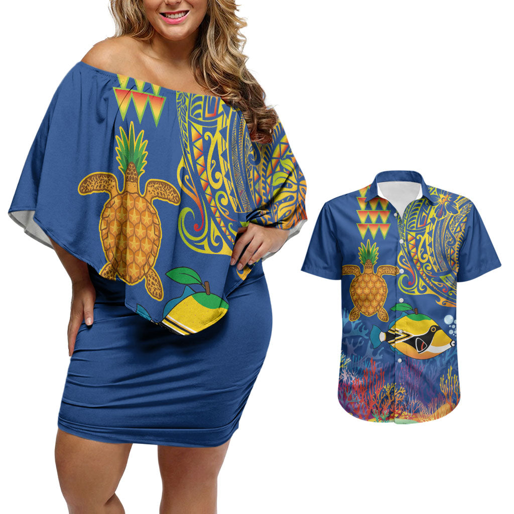 Hawaii Ocean Couples Matching Off Shoulder Short Dress and Hawaiian Shirt Pineapple Turtle and Mango Reef Triggerfish and Kakau Tattoo