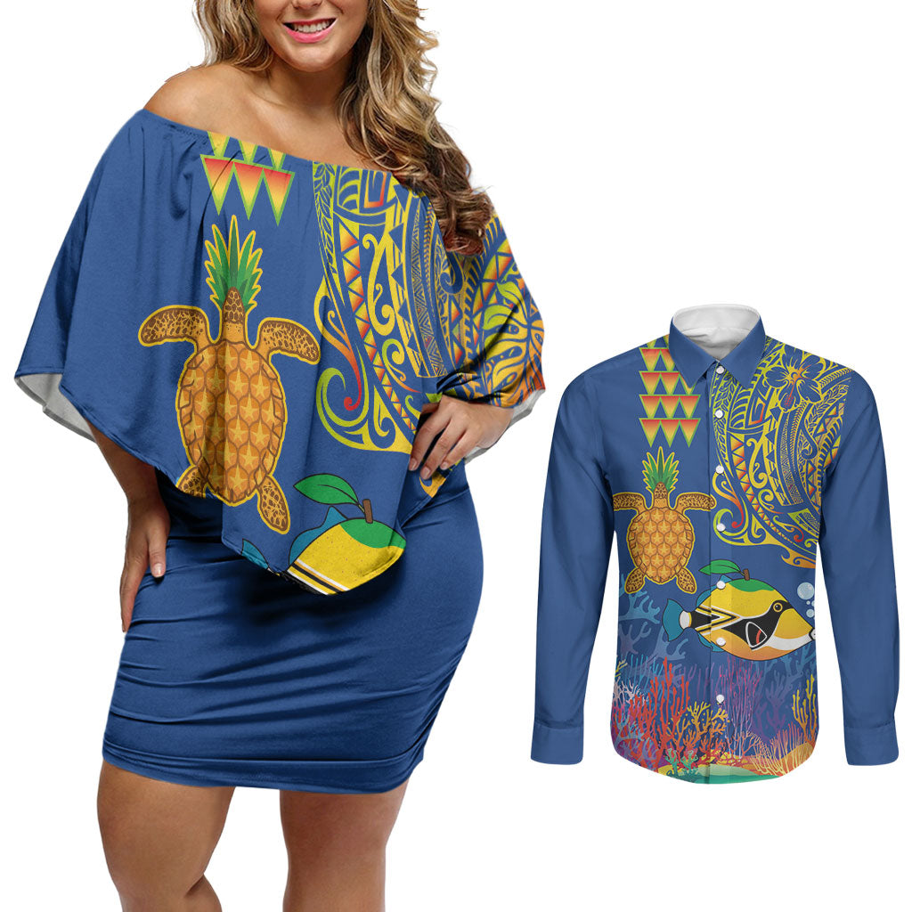 Hawaii Ocean Couples Matching Off Shoulder Short Dress and Long Sleeve Button Shirt Pineapple Turtle and Mango Reef Triggerfish and Kakau Tattoo LT03 Multicolor - Polynesian Pride