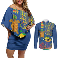 Hawaii Ocean Couples Matching Off Shoulder Short Dress and Long Sleeve Button Shirt Pineapple Turtle and Mango Reef Triggerfish and Kakau Tattoo LT03 Multicolor - Polynesian Pride