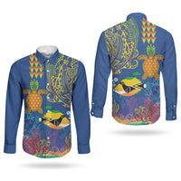 Hawaii Ocean Couples Matching Off Shoulder Short Dress and Long Sleeve Button Shirt Pineapple Turtle and Mango Reef Triggerfish and Kakau Tattoo LT03 - Polynesian Pride