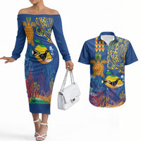Hawaii Ocean Couples Matching Off The Shoulder Long Sleeve Dress and Hawaiian Shirt Pineapple Turtle and Mango Reef Triggerfish and Kakau Tattoo LT03 Multicolor - Polynesian Pride