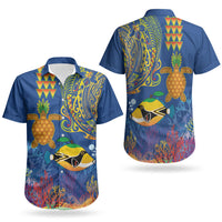 Hawaii Ocean Couples Matching Off The Shoulder Long Sleeve Dress and Hawaiian Shirt Pineapple Turtle and Mango Reef Triggerfish and Kakau Tattoo LT03 - Polynesian Pride