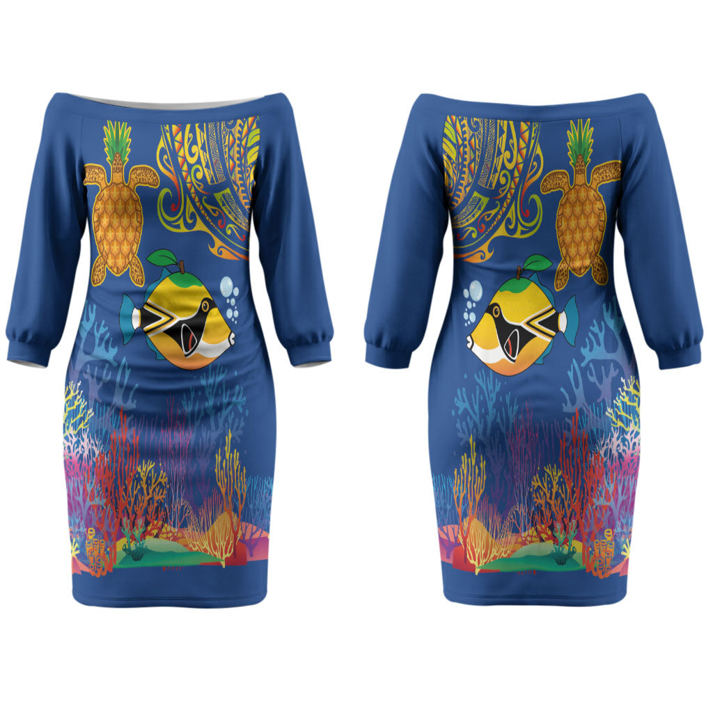Hawaii Ocean Couples Matching Off The Shoulder Long Sleeve Dress and Hawaiian Shirt Pineapple Turtle and Mango Reef Triggerfish and Kakau Tattoo LT03 - Polynesian Pride