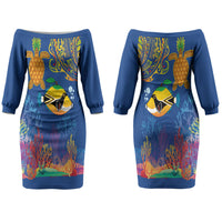 Hawaii Ocean Couples Matching Off The Shoulder Long Sleeve Dress and Hawaiian Shirt Pineapple Turtle and Mango Reef Triggerfish and Kakau Tattoo LT03 - Polynesian Pride