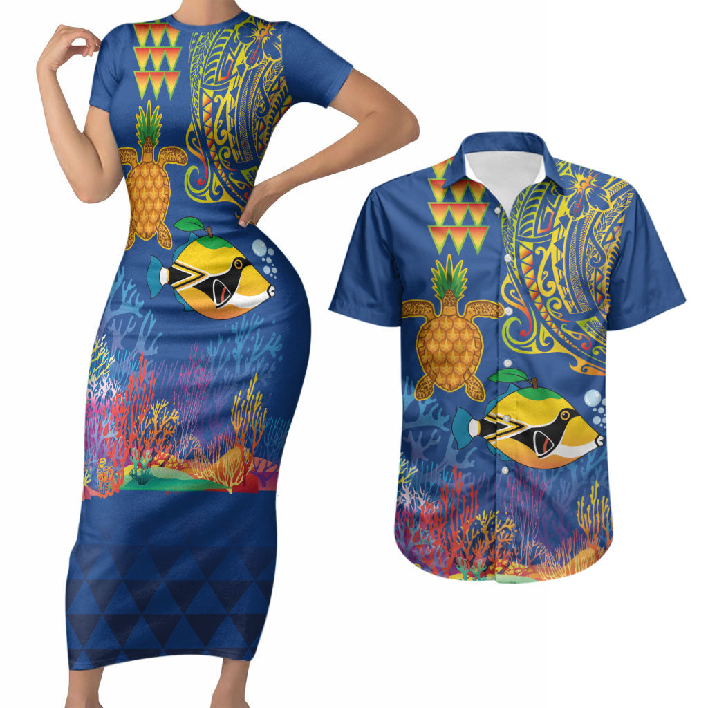 Hawaii Ocean Couples Matching Short Sleeve Bodycon Dress and Hawaiian Shirt Pineapple Turtle and Mango Reef Triggerfish and Kakau Tattoo LT03 Multicolor - Polynesian Pride