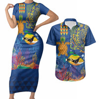 Hawaii Ocean Couples Matching Short Sleeve Bodycon Dress and Hawaiian Shirt Pineapple Turtle and Mango Reef Triggerfish and Kakau Tattoo LT03 Multicolor - Polynesian Pride